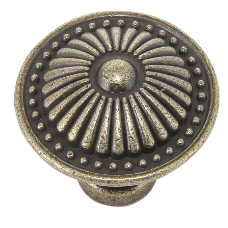 trust4care 5-Pack of Brushed Antique Brass Kitchen Cabinet Knobs Pulls, Round Vintage Antique Gold Dresser Drawer Knob for Closet Door, Weathered Bronzed Sunburst Pattern - Image 1